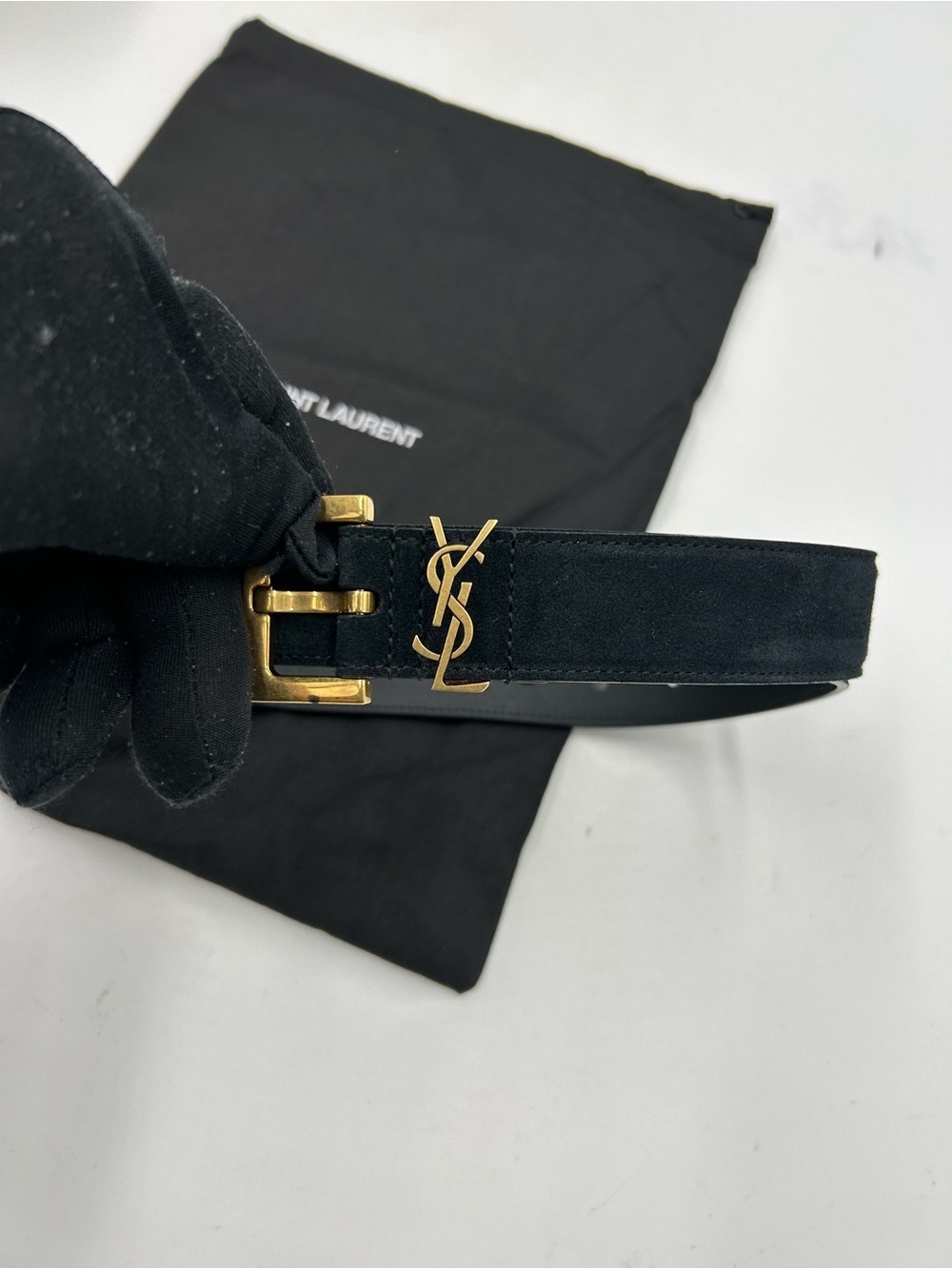 Women's Saint Laurent Black Suede Belt with Gold YSL Logo 80/32 inches